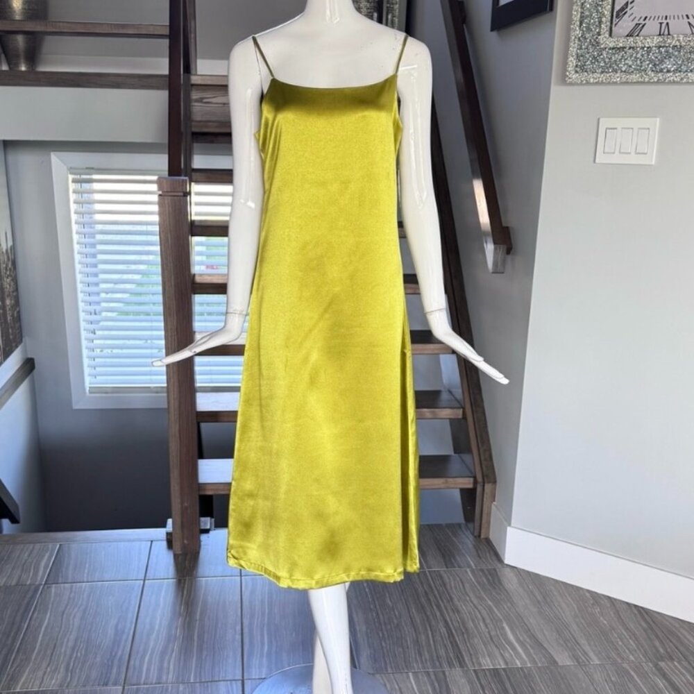 New Chartreuse Metallic Satin Midi Dress